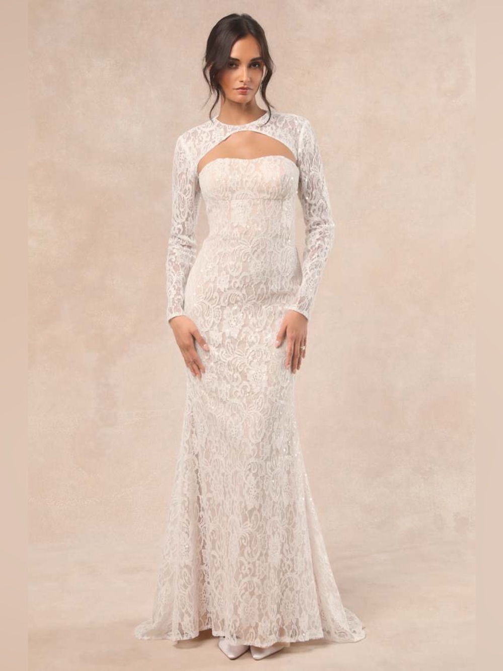 NWT Lulus Neska White Beige Lace Maxi Dress & Shrug Set Size L